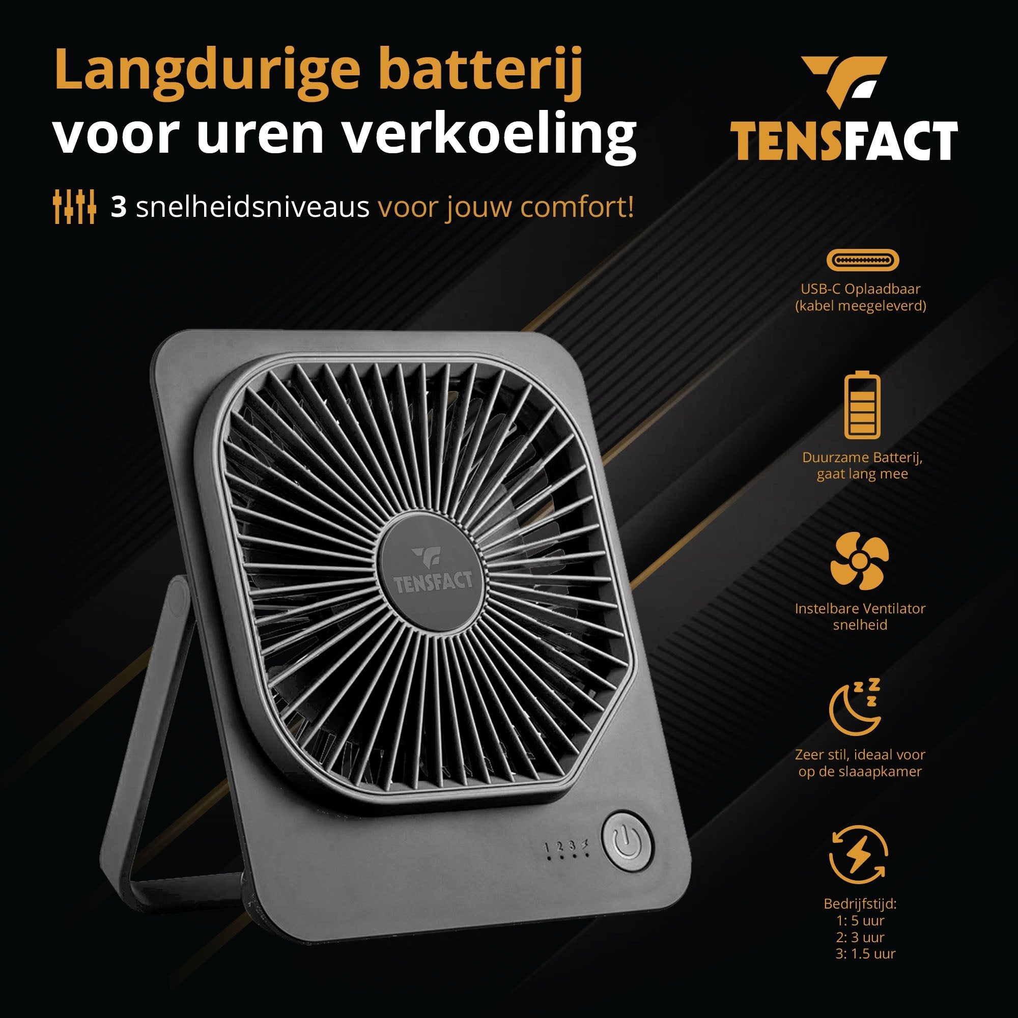 Tensfact oplaadbare mini ventilator - Grijs Tensfact.com