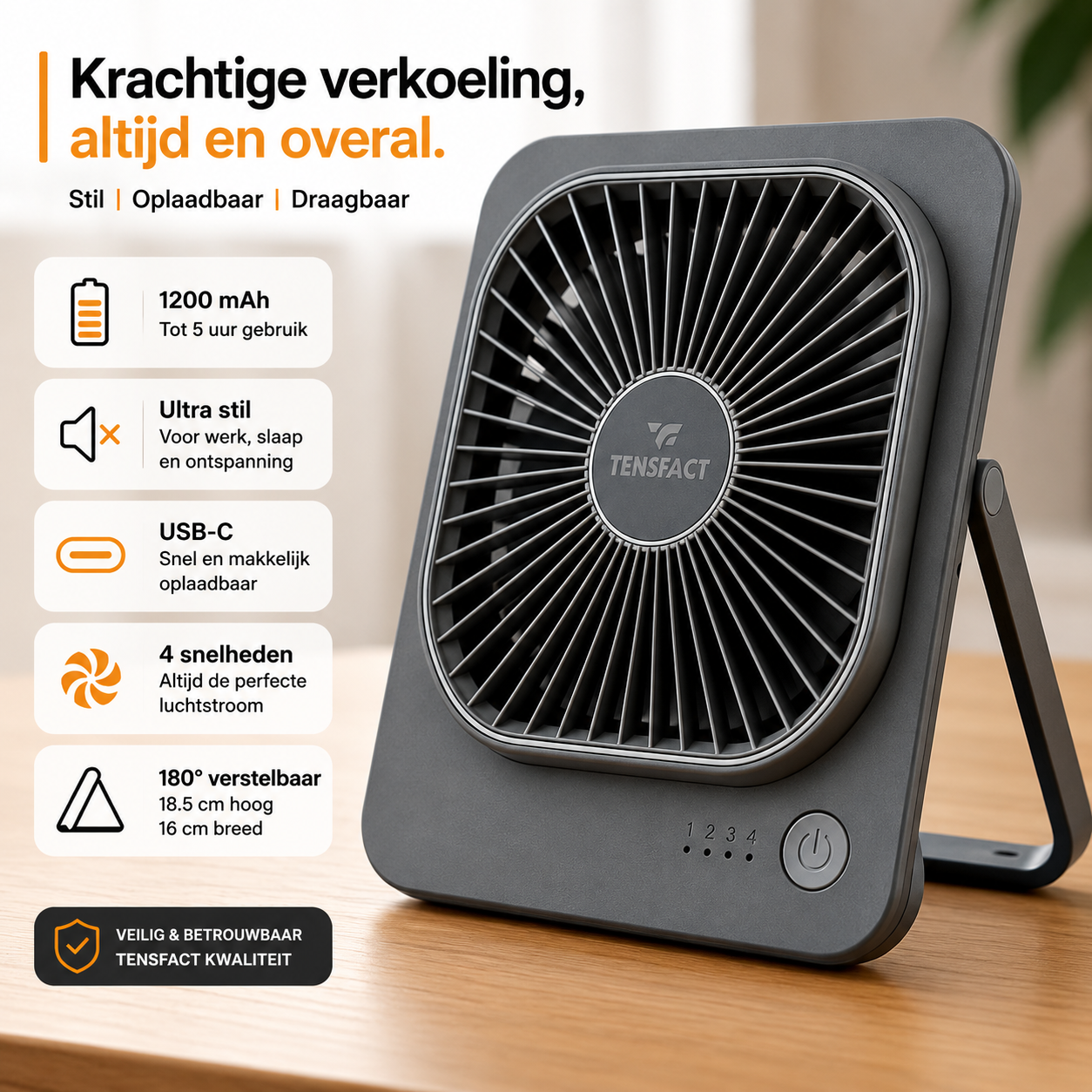Tensfact oplaadbare mini ventilator - Grijs Tensfact.com