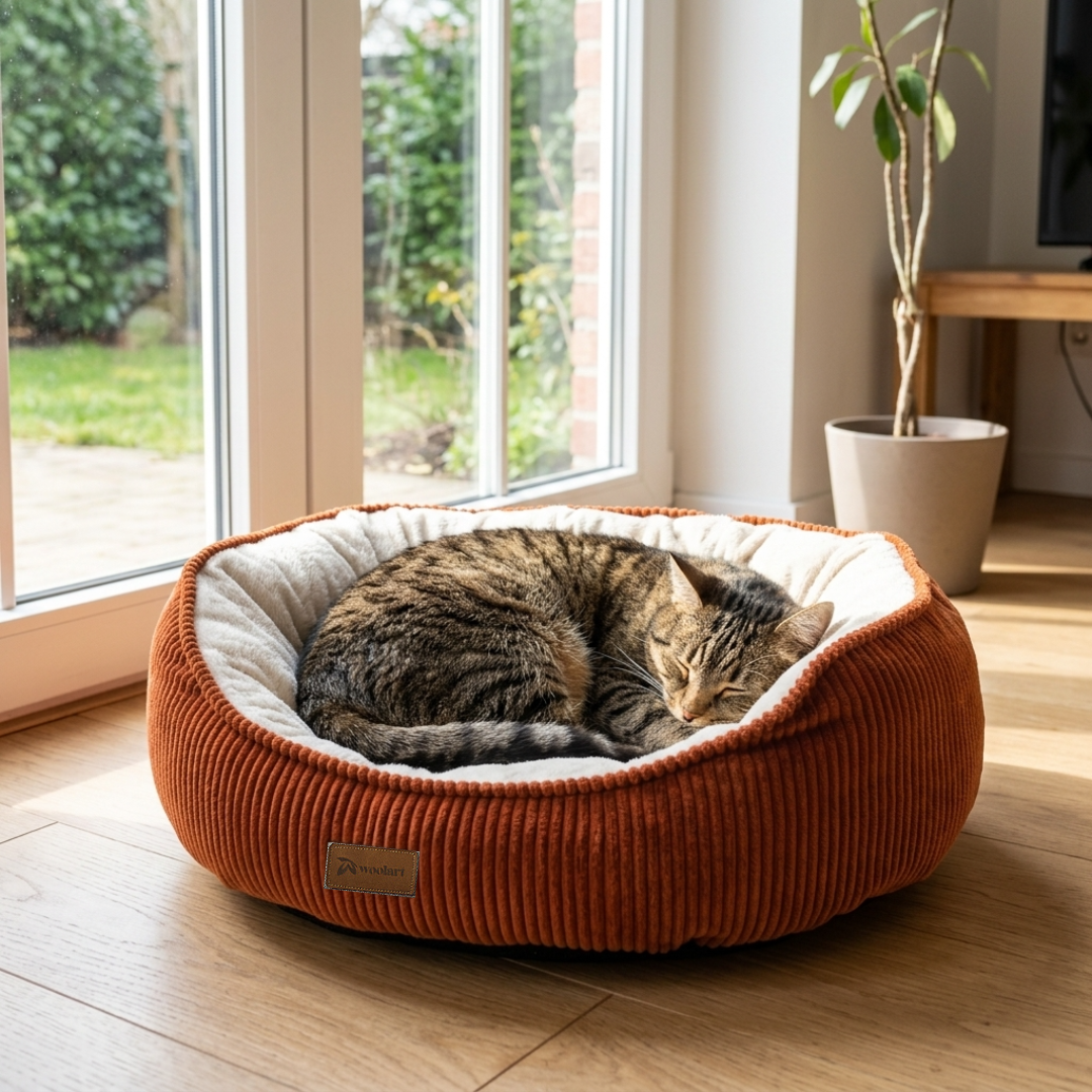Hondenmand terracotta M wasbaar zachte ribstof mand voor honden of katten Woolart Tensfact.com